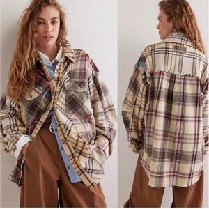 WE THE FREE People Patched up Plaid Patchwork Button Up Shirt Oatmeal sz L